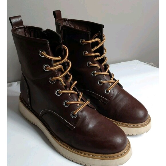 Madden Girl Cognac Brown Chunky Contrast Stitch‎ Lace Up Ankle Boots Size 8.5 - Picture 1 of 7